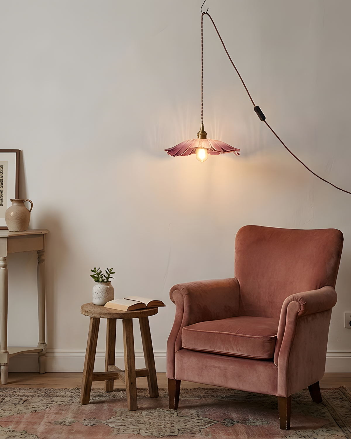 Flower Glass Pendant Light | 11 in Plug-In Shade in Pink, Clear or Green | 177 in Cord, Sloped Ceiling Ready