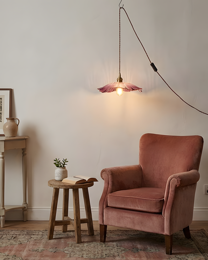 Flower Glass Pendant Light | 11 in Plug-In Shade in Pink, Clear or Green | 177 in Cord, Sloped Ceiling Ready
