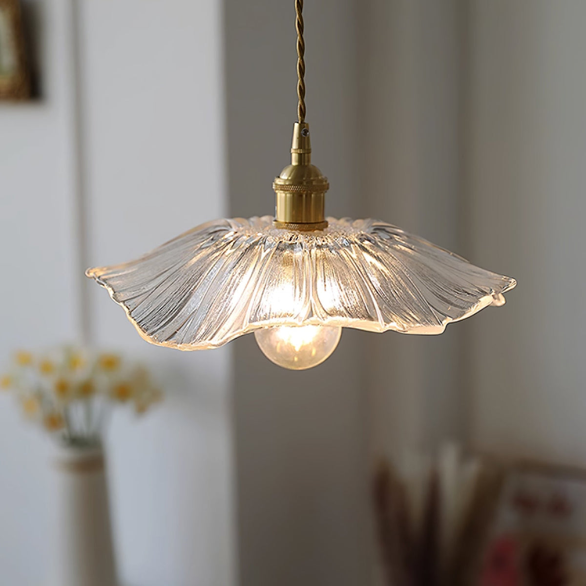 Flower Glass Pendant Light | 11 in Plug-In Shade in Pink, Clear or Green | 177 in Cord, Sloped Ceiling Ready