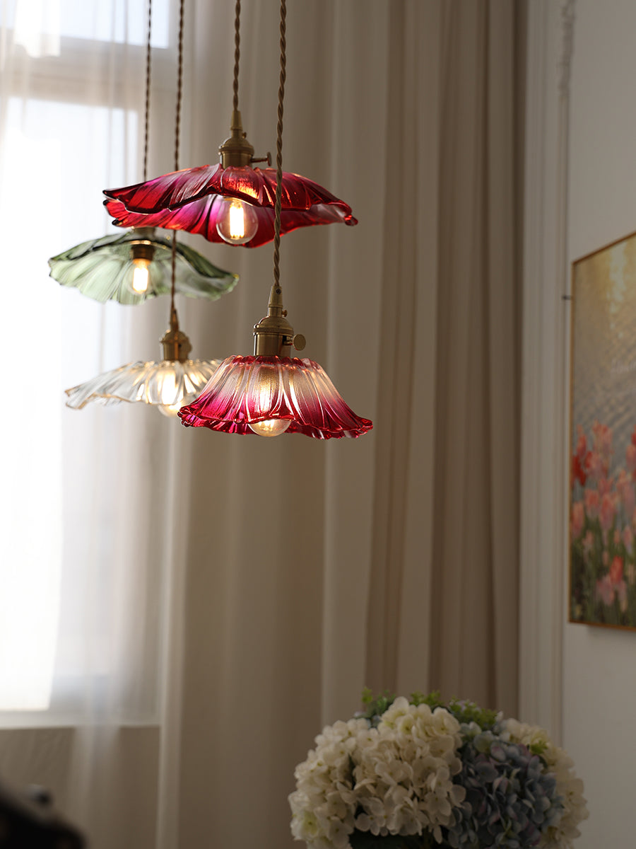 Flower Glass Pendant Light | 11 in Plug-In Shade in Pink, Clear or Green | 177 in Cord, Sloped Ceiling Ready