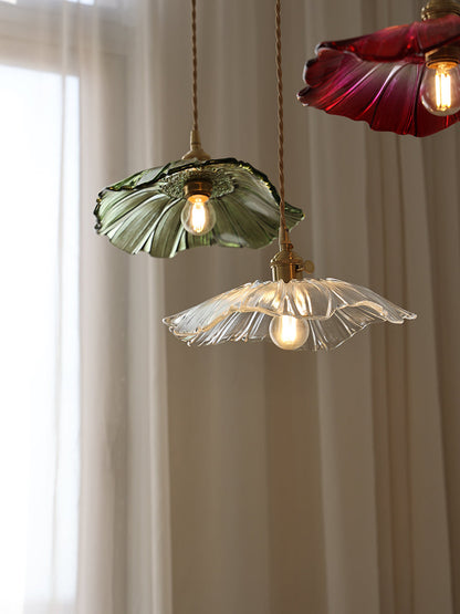 Flower Glass Pendant Light | 11 in Plug-In Shade in Pink, Clear or Green | 177 in Cord, Sloped Ceiling Ready