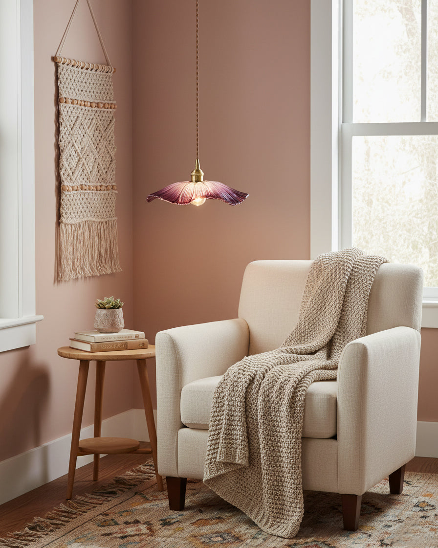 Flower Glass Pendant Light | 11 in Plug-In Shade in Pink, Clear or Green | 177 in Cord, Sloped Ceiling Ready