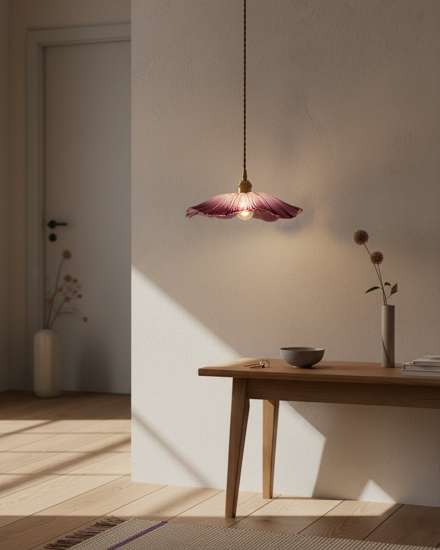 Flower Glass Pendant Light | 11 in Plug-In Shade in Pink, Clear or Green | 177 in Cord, Sloped Ceiling Ready