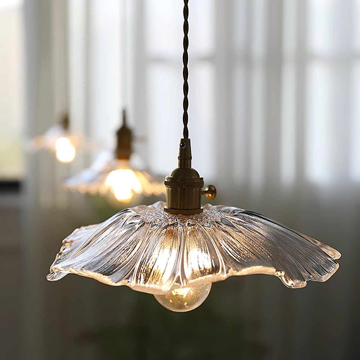 Flower Glass Pendant Light | 11 in Plug-In Shade in Pink, Clear or Green | 177 in Cord, Sloped Ceiling Ready