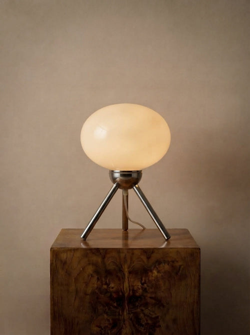 Glass Globe Table Lamp | Glossy Orb Shade on Polished Metal Tripod | 10-12 in Retro Lamp in Mint, Cream or Red