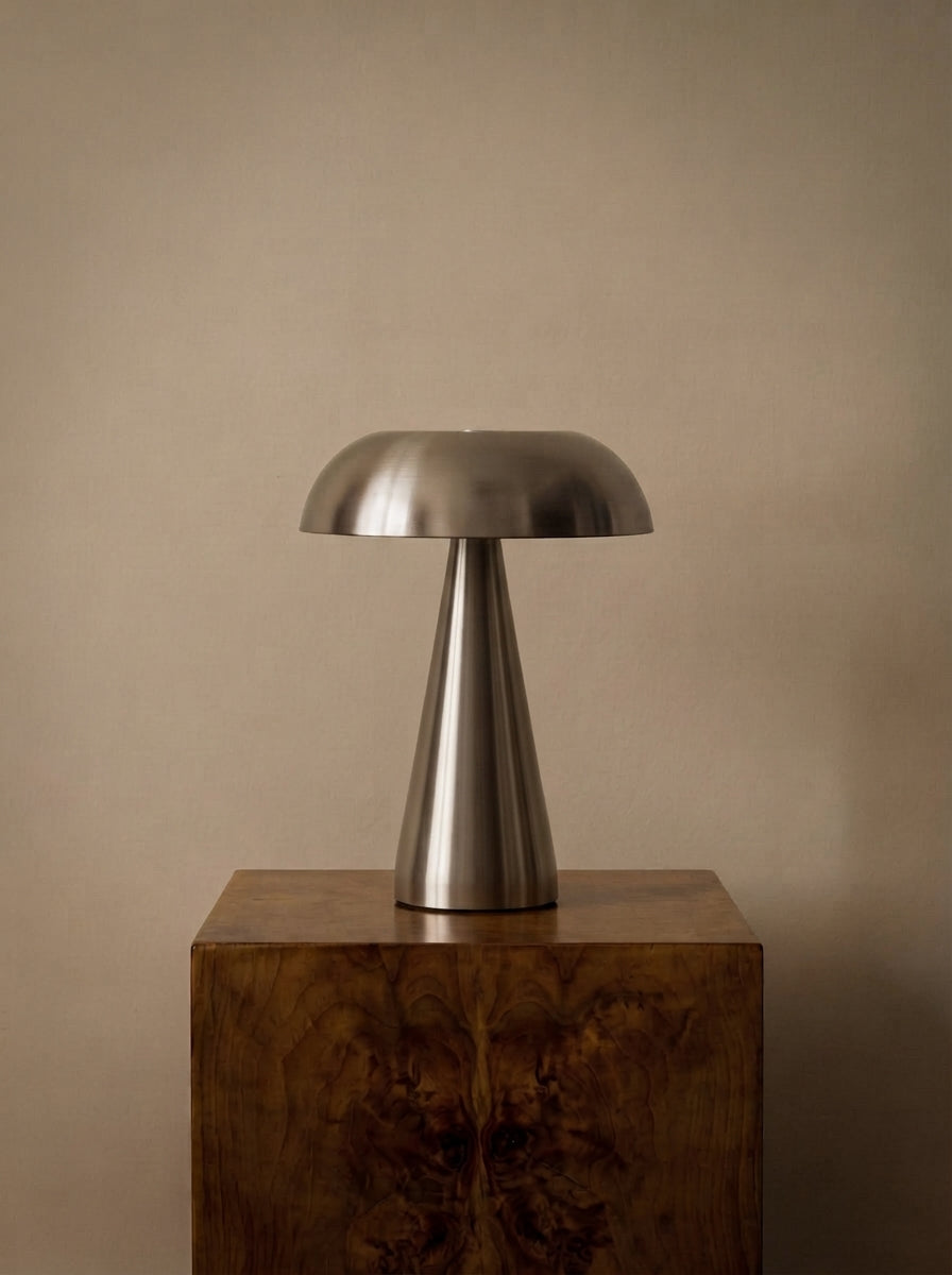 Brushed Metal Mushroom Lamp | Cordless Rechargeable LED, 8.1 in | Touch Dimming Bedside Lamp, Gold or Silver