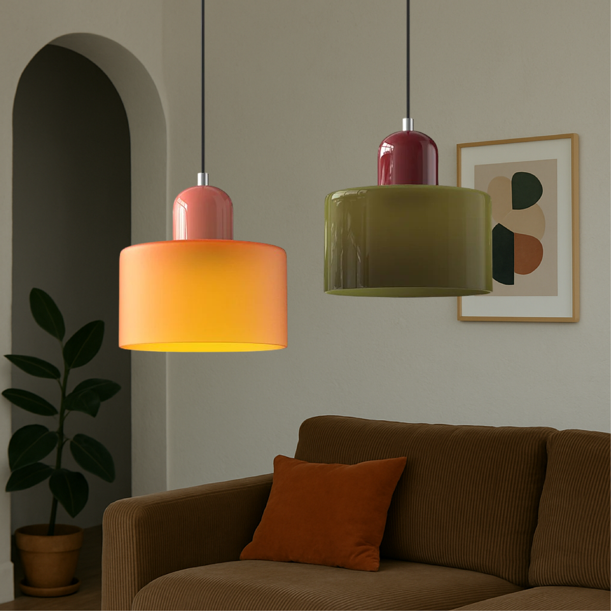 Colored Glass Drum Pendant Light | 5.9 in Bauhaus Shade with Contrast Cap | 36 Color Combos, Adjustable Cord