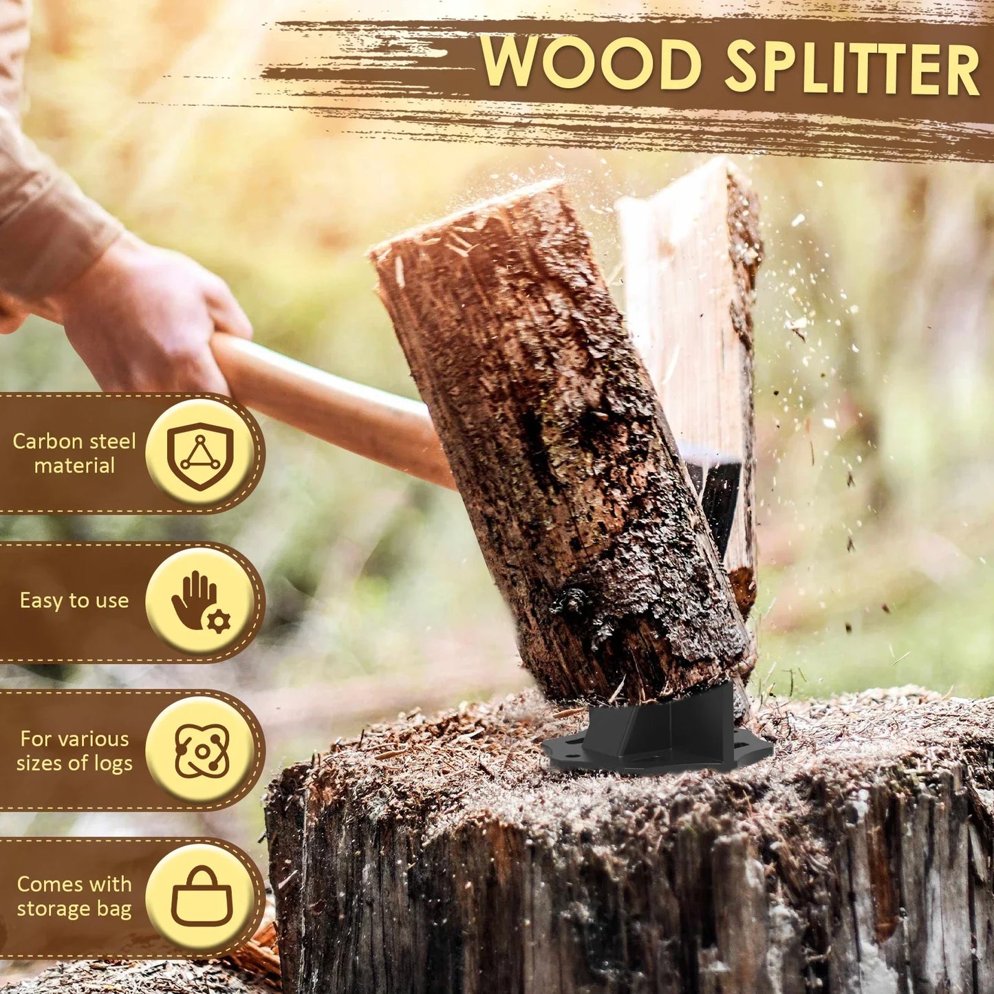 Log Splitter | Carbon Steel Portable Tool with Cloth Bag for Kindling