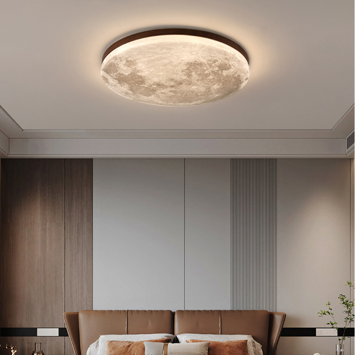 Moon Ceiling Light | LED Flush Mount with Lunar Diffuser, Wood-Tone Rim | 10.2, 15 or 18.9 in, Dimmable Option