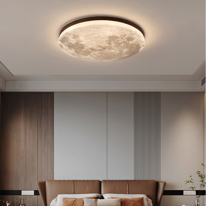 Moon Ceiling Light | LED Flush Mount with Lunar Diffuser, Wood-Tone Rim | 10.2, 15 or 18.9 in, Dimmable Option