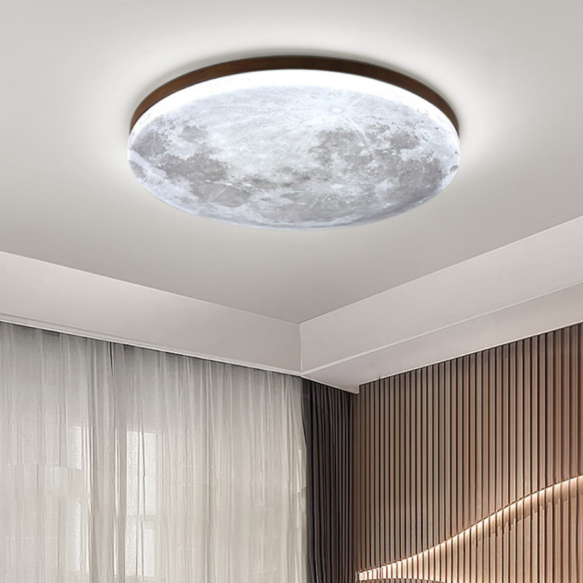 Moon Ceiling Light | LED Flush Mount with Lunar Diffuser, Wood-Tone Rim | 10.2, 15 or 18.9 in, Dimmable Option