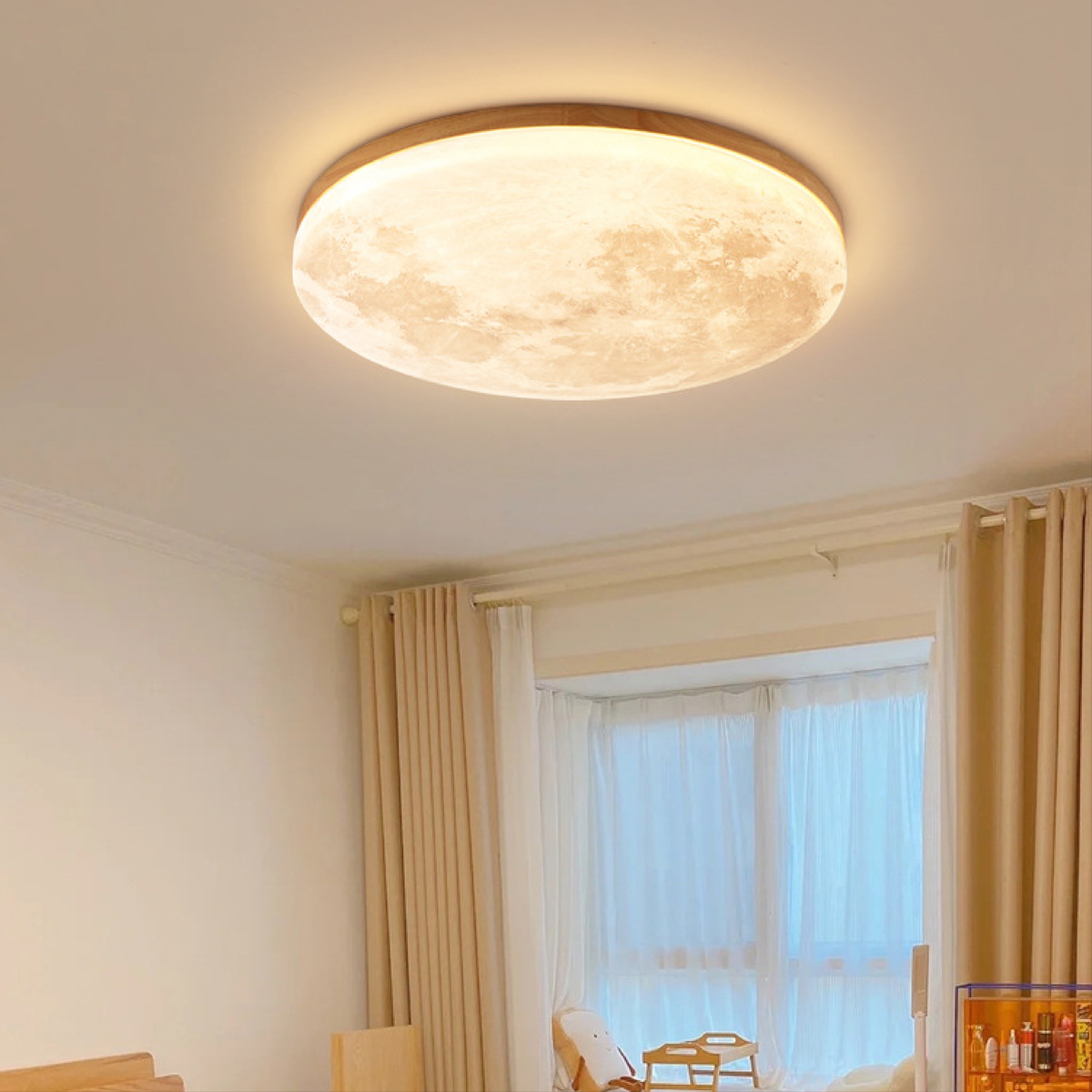 Moon Ceiling Light | LED Flush Mount with Lunar Diffuser, Wood-Tone Rim | 10.2, 15 or 18.9 in, Dimmable Option