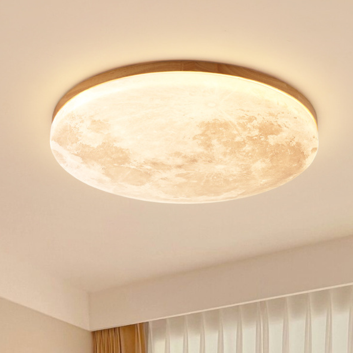 Moon Ceiling Light | LED Flush Mount with Lunar Diffuser, Wood-Tone Rim | 10.2, 15 or 18.9 in, Dimmable Option