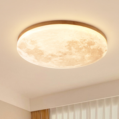 Moon Ceiling Light | LED Flush Mount with Lunar Diffuser, Wood-Tone Rim | 10.2, 15 or 18.9 in, Dimmable Option