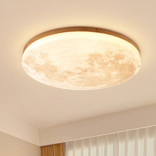 Moon Ceiling Light | LED Flush Mount with Lunar Diffuser, Wood-Tone Rim | 10.2, 15 or 18.9 in, Dimmable Option
