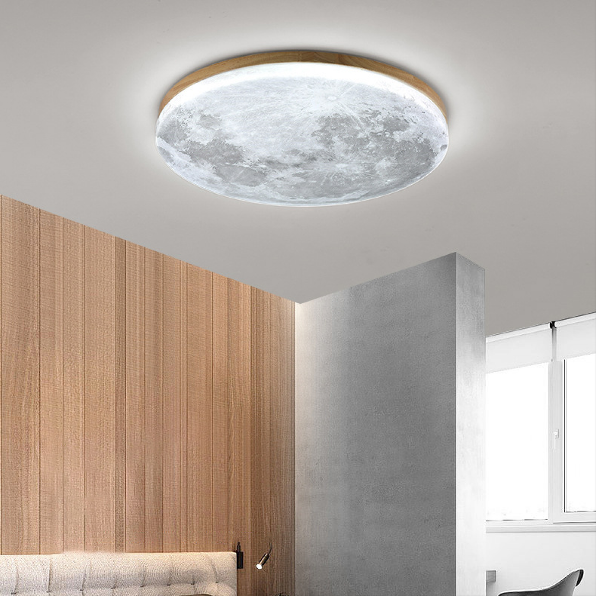 Moon Ceiling Light | LED Flush Mount with Lunar Diffuser, Wood-Tone Rim | 10.2, 15 or 18.9 in, Dimmable Option