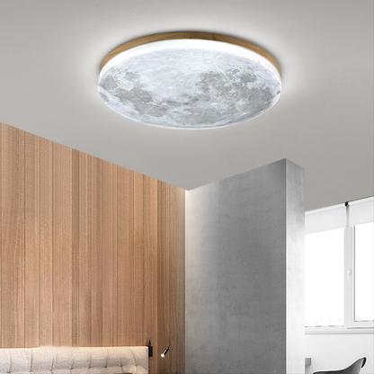 Moon Ceiling Light | LED Flush Mount with Lunar Diffuser, Wood-Tone Rim | 10.2, 15 or 18.9 in, Dimmable Option