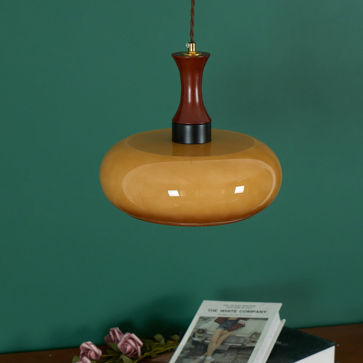 Plug-In Pendant Light | 11 in Tinted Glass Shade on a Turned Wood Stem | 177 in Cord, In-Line Switch, E26