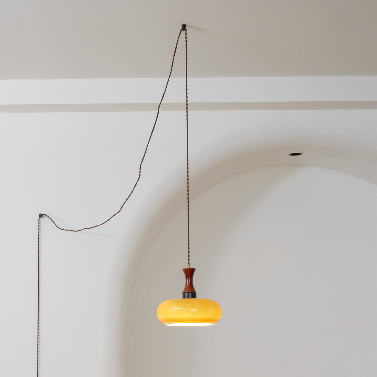 Plug-In Pendant Light | 11 in Tinted Glass Shade on a Turned Wood Stem | 177 in Cord, In-Line Switch, E26
