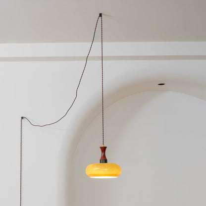 Plug-In Pendant Light | 11 in Tinted Glass Shade on a Turned Wood Stem | 177 in Cord, In-Line Switch, E26