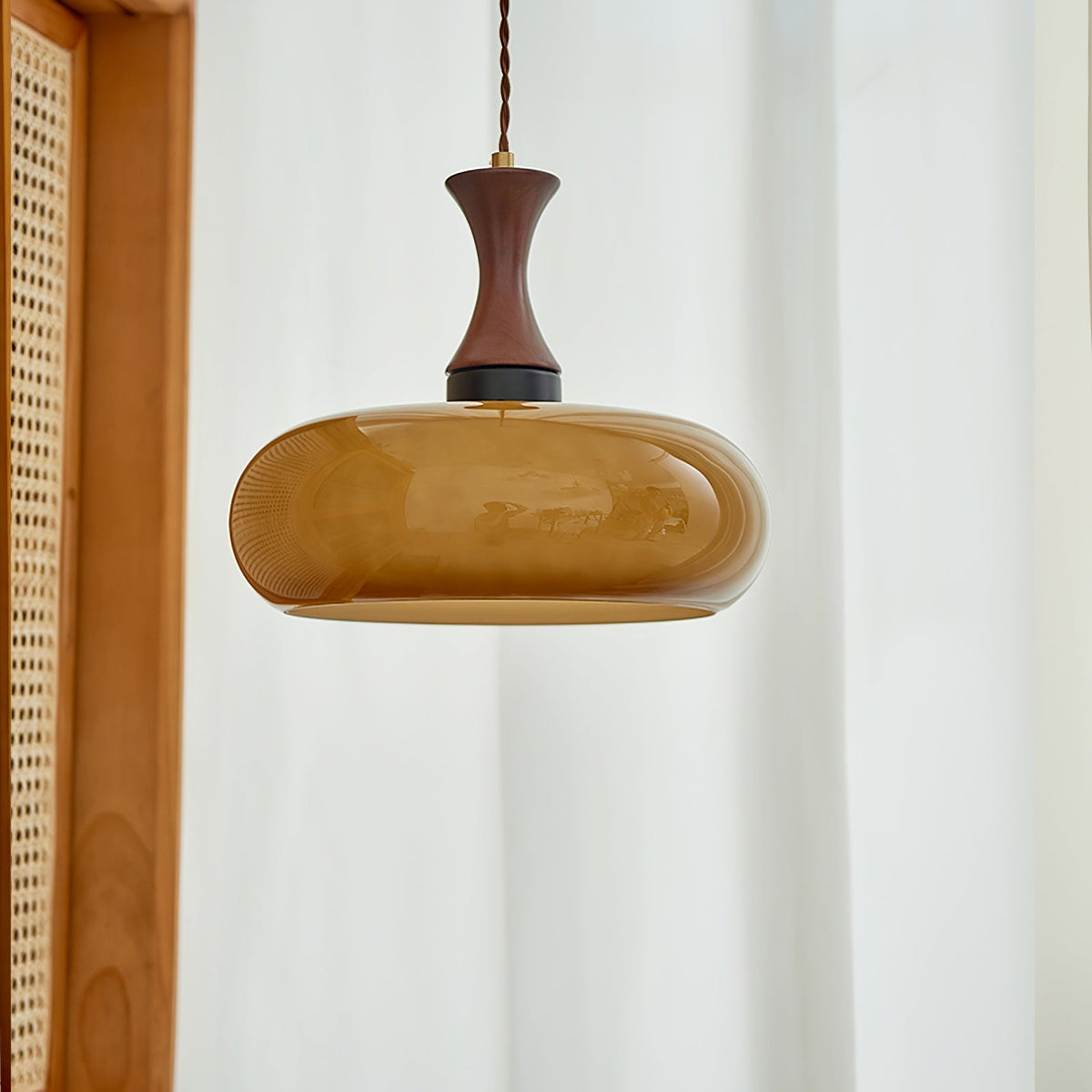 Plug-In Pendant Light | 11 in Tinted Glass Shade on a Turned Wood Stem | 177 in Cord, In-Line Switch, E26