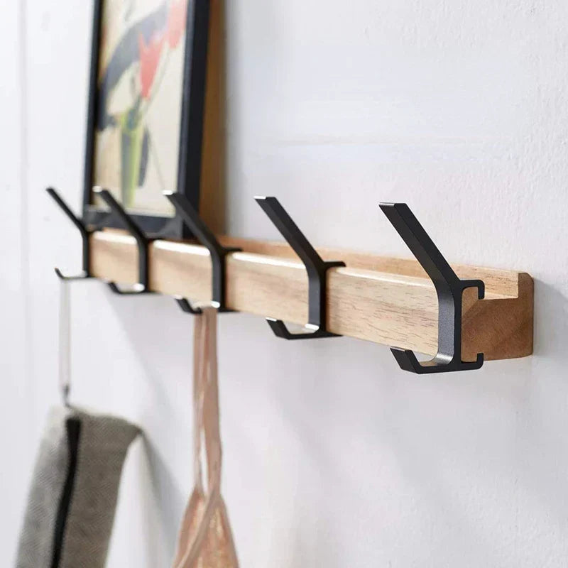 Wall-Mounted Coat Rack | Adjustable Double Hooks in Rubberwood & Aluminium