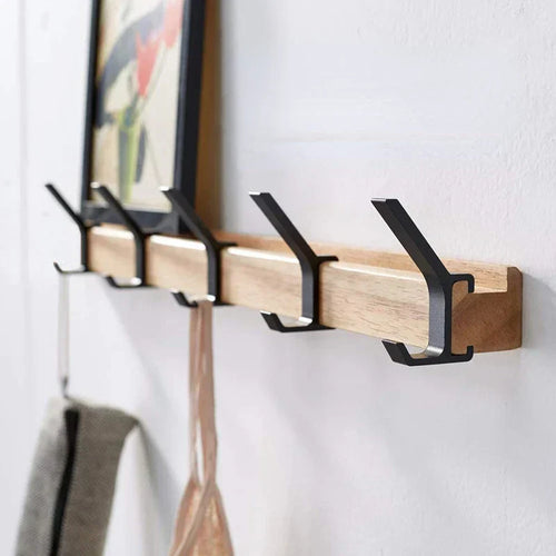 Wall-Mounted Coat Rack | Adjustable Double Hooks in Rubberwood & Aluminium