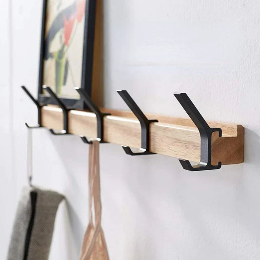 Wall-Mounted Coat Rack | Adjustable Double Hooks in Rubberwood & Aluminium