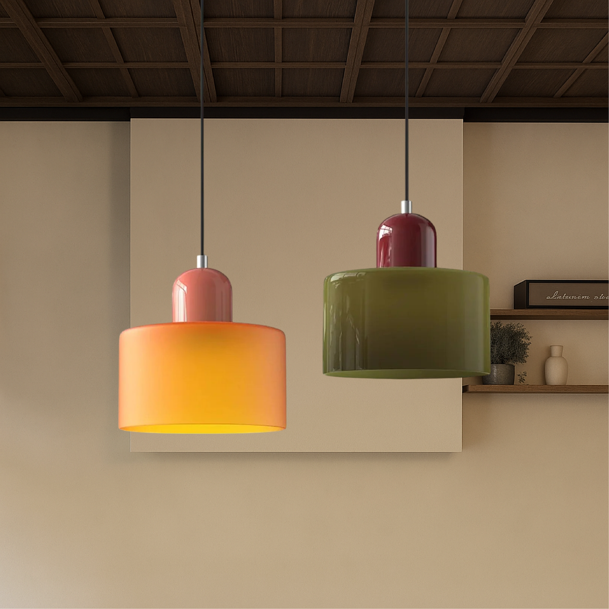 Colored Glass Drum Pendant Light | 5.9 in Bauhaus Shade with Contrast Cap | 36 Color Combos, Adjustable Cord