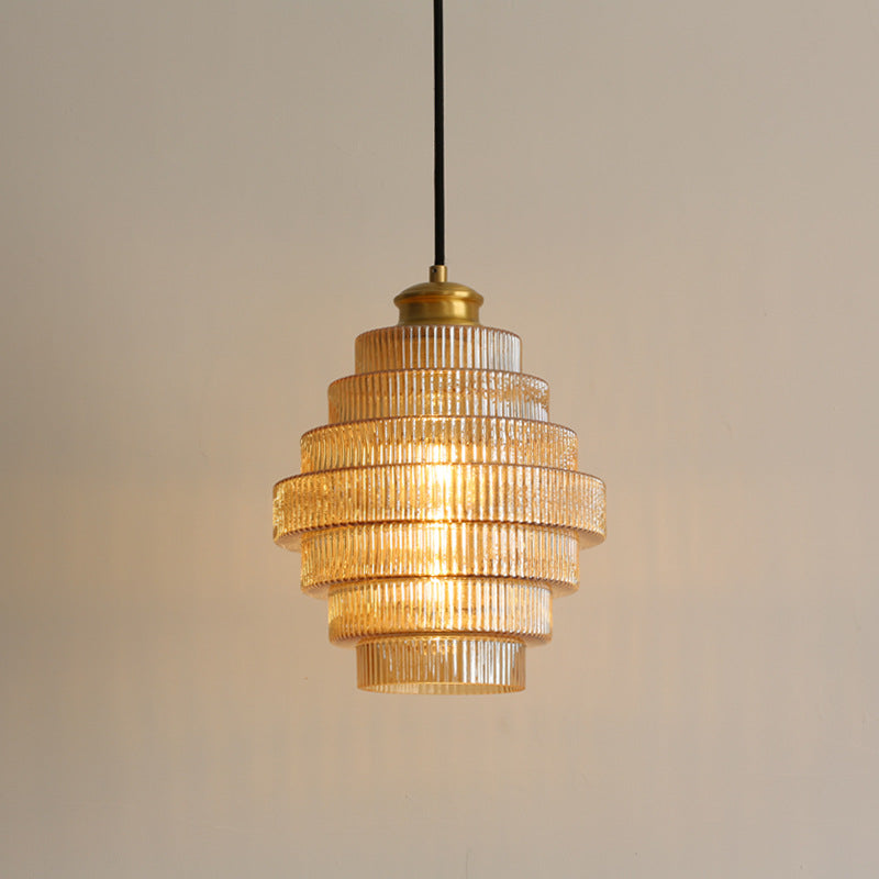 Tiered Glass Pendant Light | Amber, Smoky Gray or Pink Beehive Shade, Metal Cap | 8.7 x 11.8 in Hanging Light