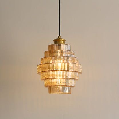 Tiered Glass Pendant Light | Amber, Smoky Gray or Pink Beehive Shade, Metal Cap | 8.7 x 11.8 in Hanging Light