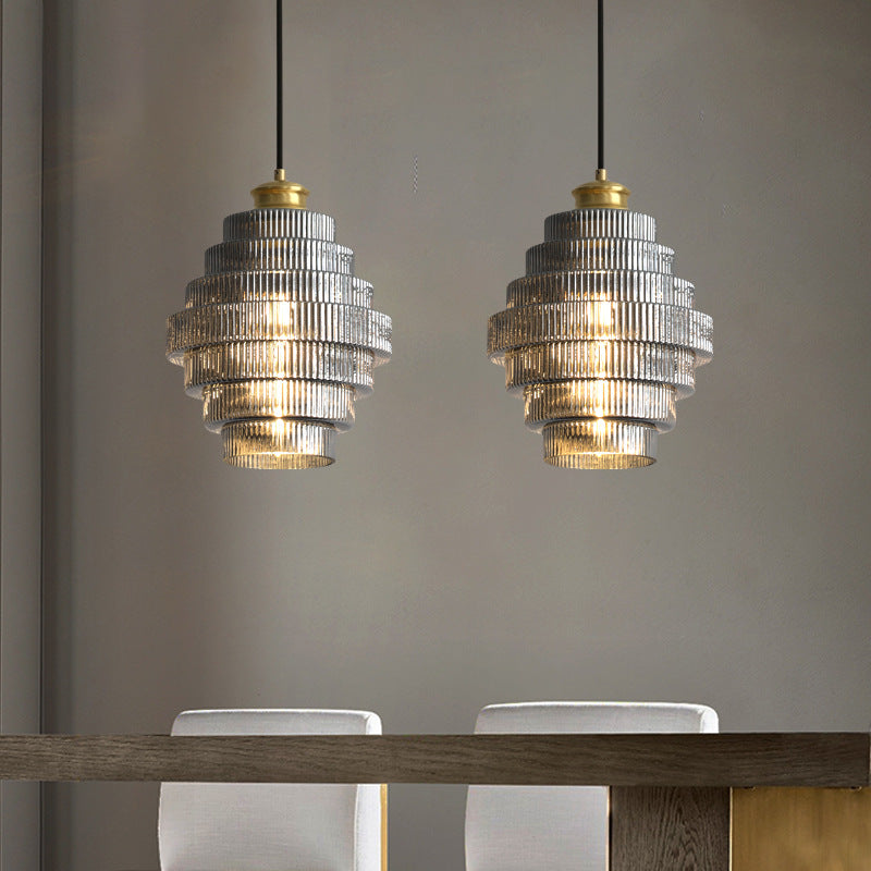Tiered Glass Pendant Light | Amber, Smoky Gray or Pink Beehive Shade, Metal Cap | 8.7 x 11.8 in Hanging Light