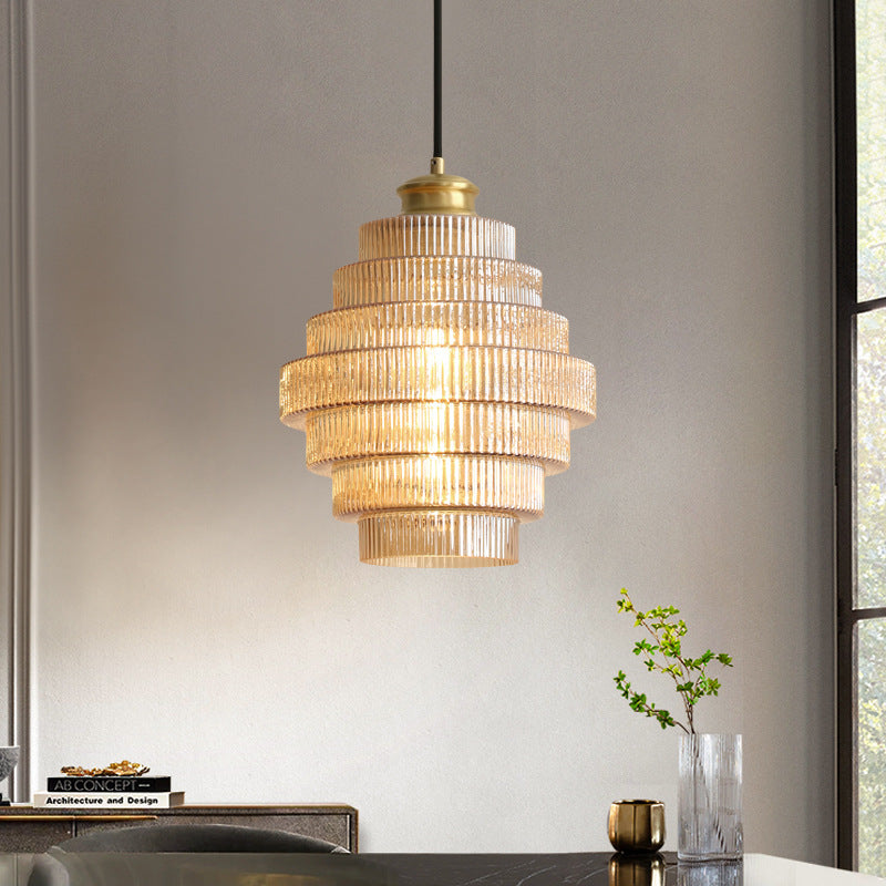 Tiered Glass Pendant Light | Amber, Smoky Gray or Pink Beehive Shade, Metal Cap | 8.7 x 11.8 in Hanging Light