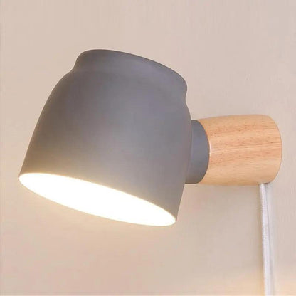 Plug-In Wall Sconce | Metal Bell Shade on a Natural Wood Base | No Hardwiring, White, Black or Gray