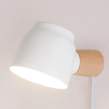 Plug-In Wall Sconce | Metal Bell Shade on a Natural Wood Base | No Hardwiring, White, Black or Gray