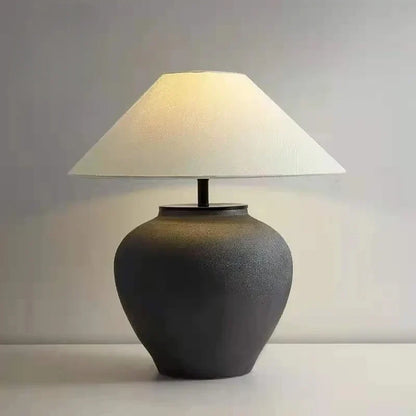 Ceramic Table Lamp | Textured Wabi-Sabi Jar Base, Wide Fabric Shade | Small or Large, Black or White Bedside Lamp