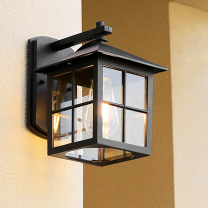 Outdoor Wall Lamp | Vintage Black Metal Lantern Sconce with Clear Glass Panels