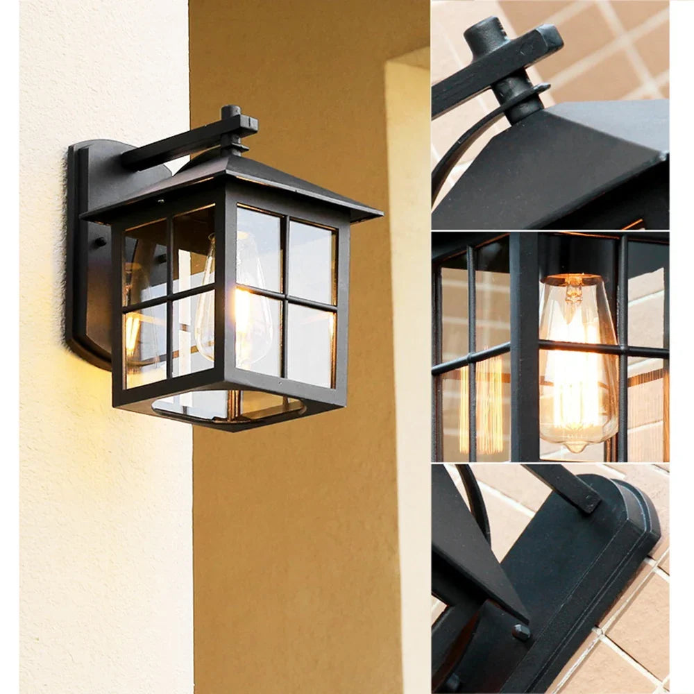 Outdoor Wall Lamp | Vintage Black Metal Lantern Sconce with Clear Glass Panels