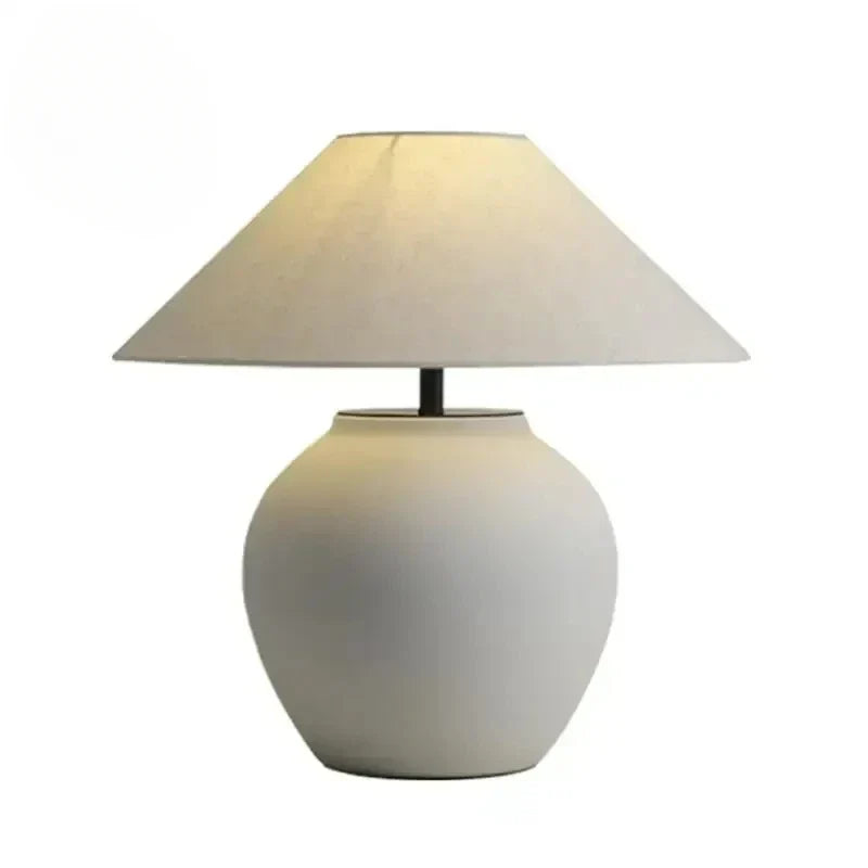 Ceramic Table Lamp | Textured Wabi-Sabi Jar Base, Wide Fabric Shade | Small or Large, Black or White Bedside Lamp