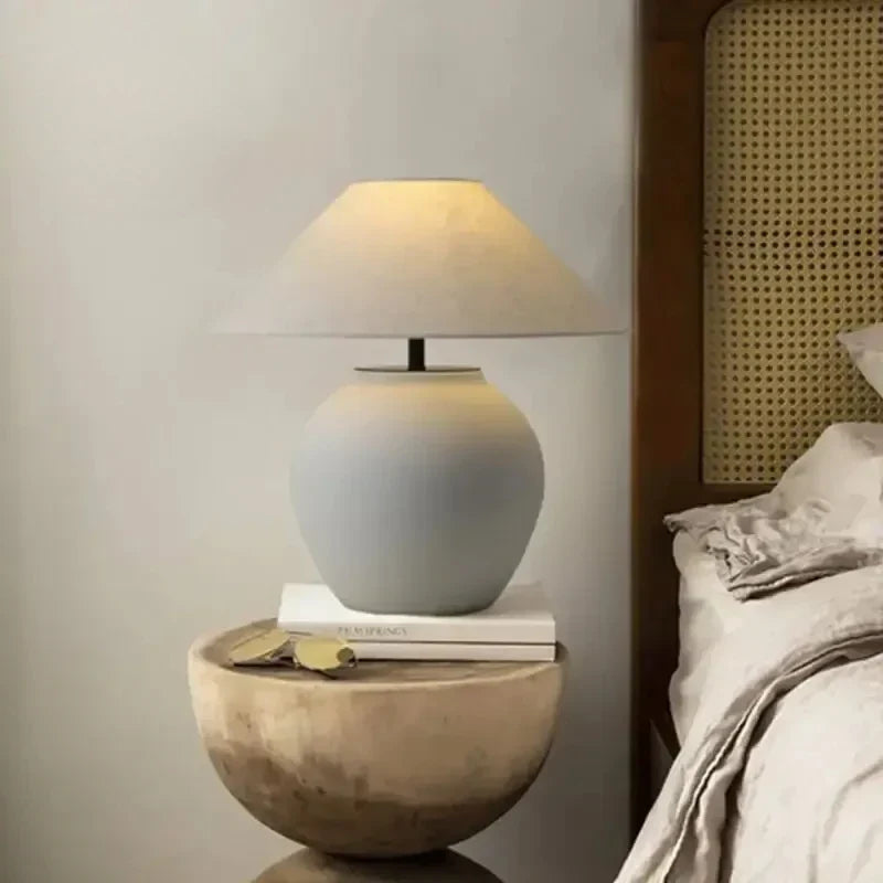 Ceramic Table Lamp | Textured Wabi-Sabi Jar Base, Wide Fabric Shade | Small or Large, Black or White Bedside Lamp