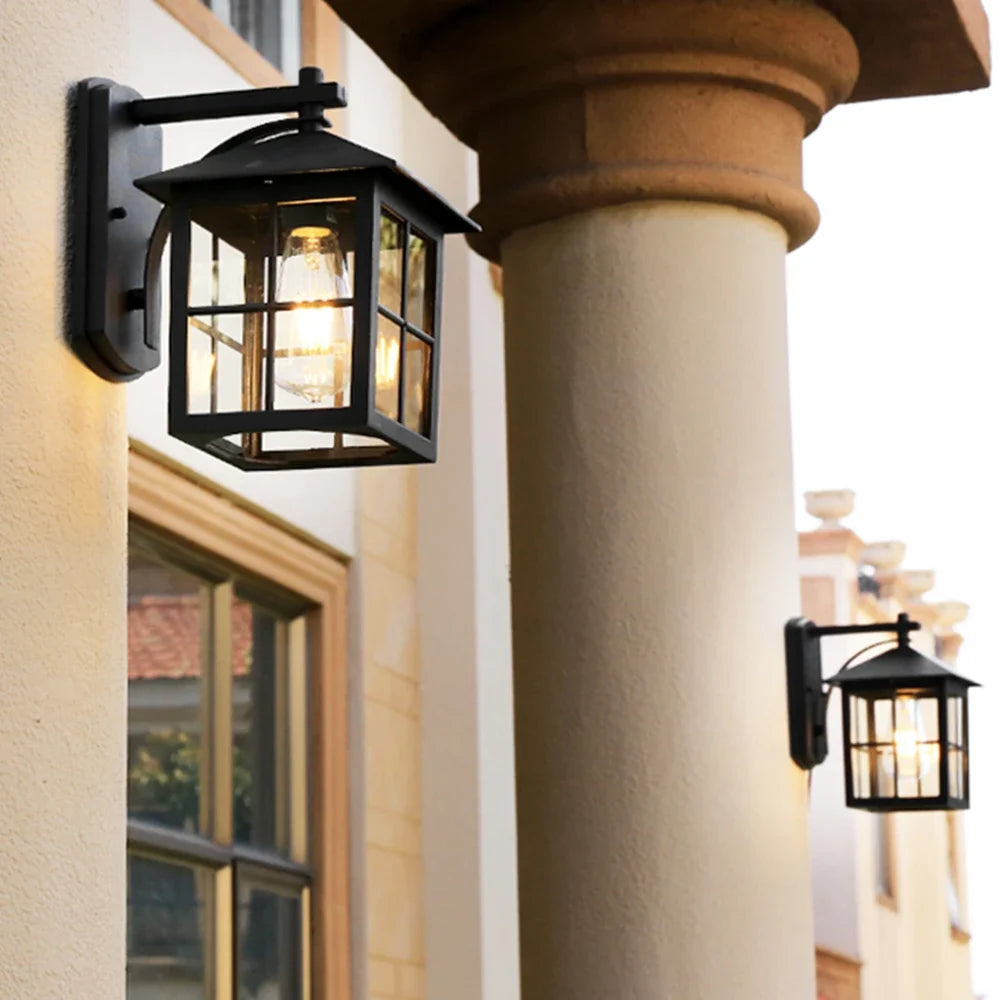 Outdoor Wall Lamp | Vintage Black Metal Lantern Sconce with Clear Glass Panels