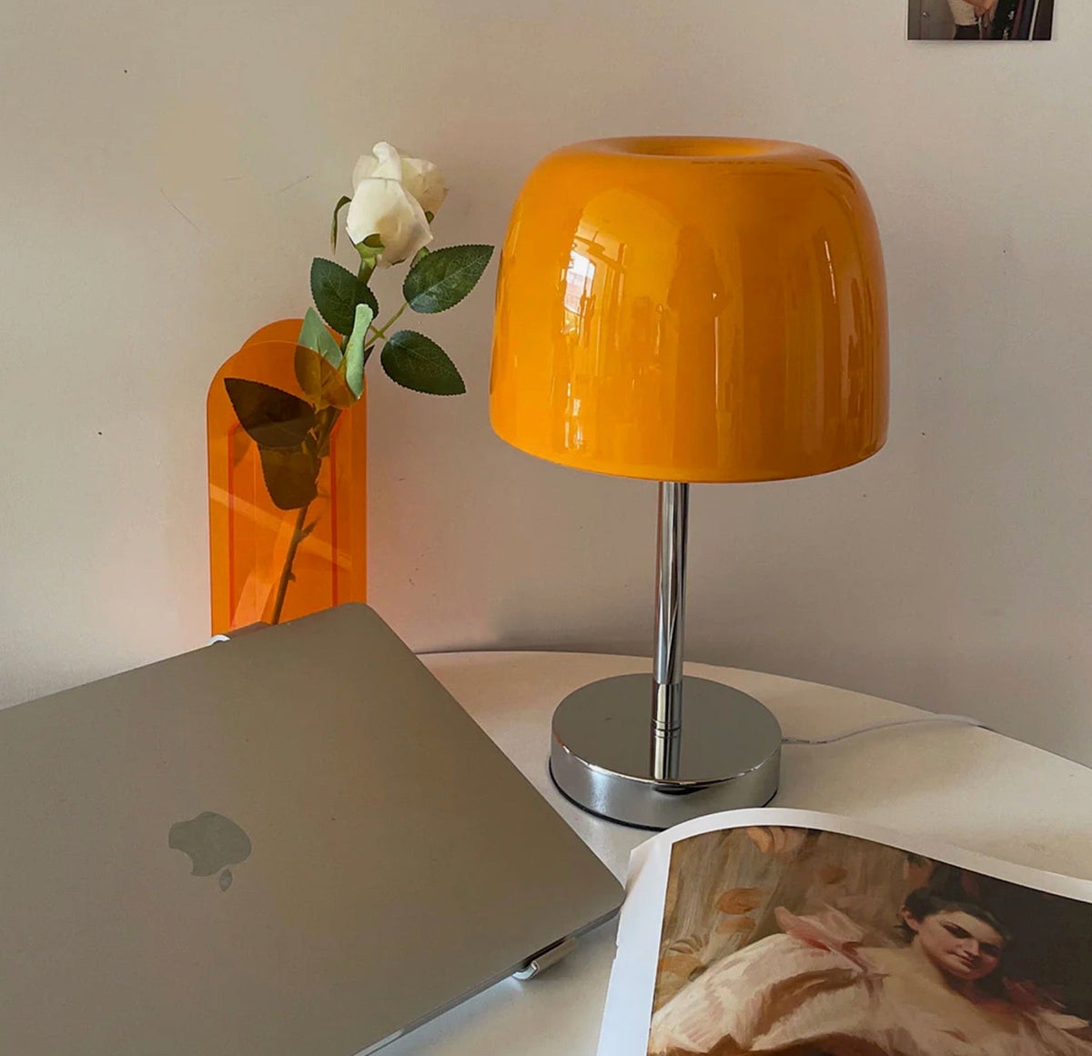 Glass Mushroom Table Lamp | Glossy Glass Dome on Chrome Stem & Base | 13.4 in Retro Bedside Lamp in 5 Colors