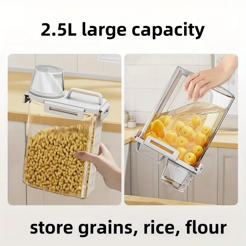 Airtight Grain Storage Container | 2.5L Food-Grade Plastic with Measuring Cup & Spout