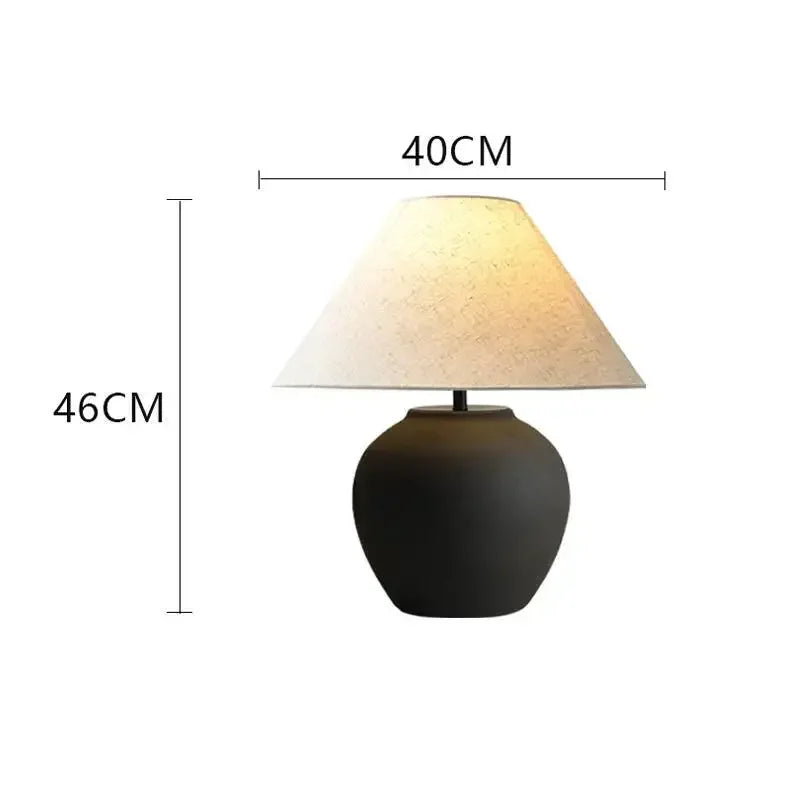 Ceramic Table Lamp | Textured Wabi-Sabi Jar Base, Wide Fabric Shade | Small or Large, Black or White Bedside Lamp
