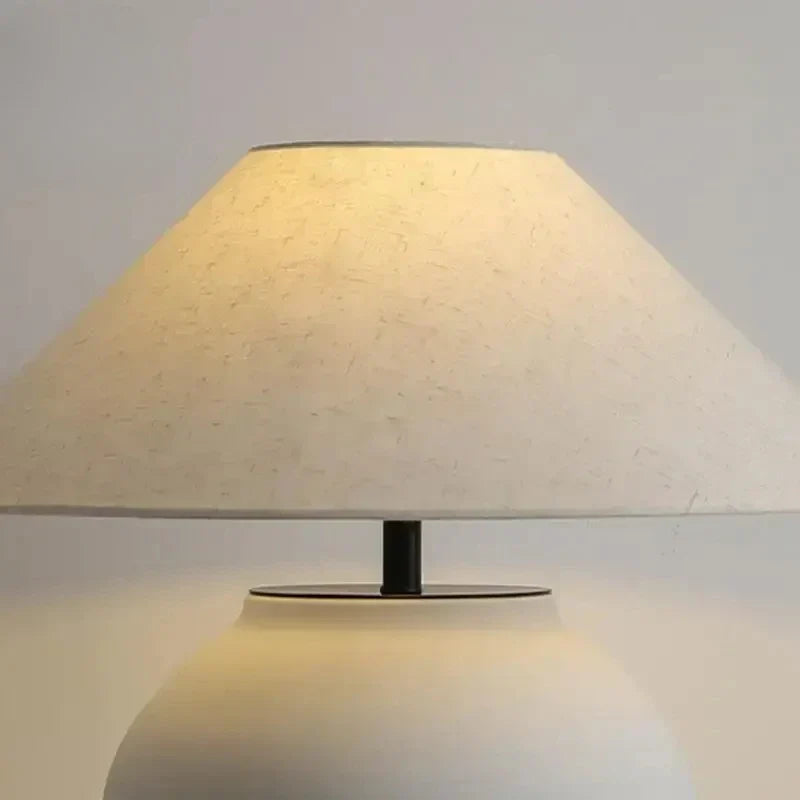 Ceramic Table Lamp | Textured Wabi-Sabi Jar Base, Wide Fabric Shade | Small or Large, Black or White Bedside Lamp