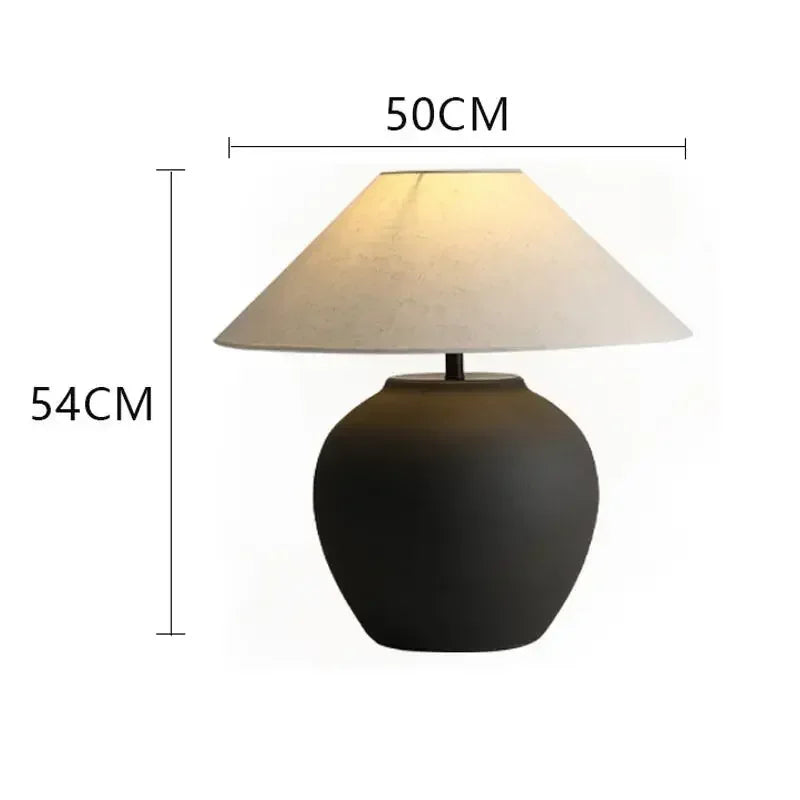 Ceramic Table Lamp | Textured Wabi-Sabi Jar Base, Wide Fabric Shade | Small or Large, Black or White Bedside Lamp