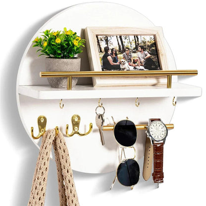 Round Wooden Key Holder | Eco-Friendly Wall Organiser with Hooks