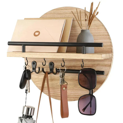 Round Wooden Key Holder | Eco-Friendly Wall Organiser with Hooks