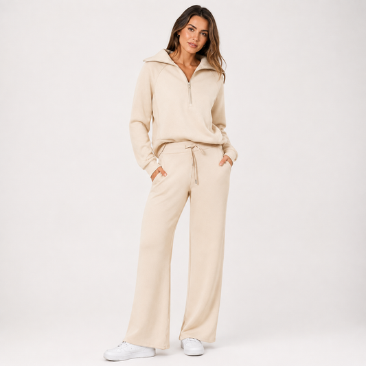 Women's Lounge Set | Half-Zip Funnel Neck Top and Wide-Leg Drawstring Trousers | 4 Colours, S to 2XL