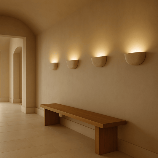 Travertine Stone Wall Sconce | Half-Bowl Uplight, G9 LED Bulb Included | 7.9 in Wabi-Sabi Wall Washer, Hardwired